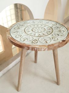 Rustic Small Tea Table round Wooden Top Balcony Sofa Side Table for Vacation Home Garden American Style Wooden Crafted