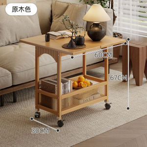 Portable Solid Wood Tea Table Living Room Home Balcony Small Tea Desk Sofa Side Cabinet Mobile Cart Vintage Style with Storage