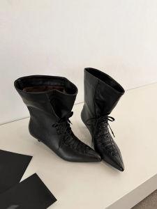 CAIZINI | Pointed Lace-Up Wide Shaft Ankle Booties