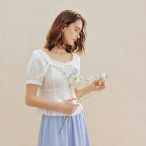 INMAN | 100 Xinjiang Cotton Embroidered Wooden Ear Summer Womens Blouse