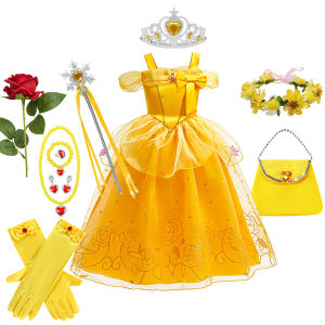 Belle Costume Girl Princess Yellow Dress Up Set Sleeveless Long Dress Crown Wand Gloves Earrings for Girls Halloween Birthday