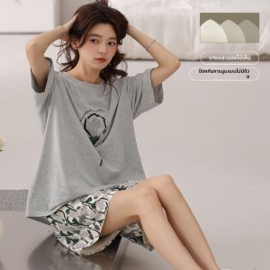 MiiOW | ชุดนอนผู้หญิงผ้าฝ้ายแท้แขนสั้นหลวมๆ ฤดูร้อน 2025 ชุดอยู่บ้านแบบใหม่พร้อมแผ่นเสริมหน้าอก ชุดนอนสบายๆ สำหรับฤดูร้อน