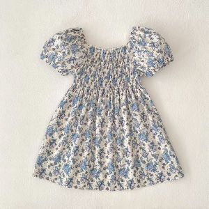 New Summer Clothes Baby Girls Princess Dresses Puff Sleeve Blue Flower Toddlers Vacation Kids Cotton Cute Dress Casual Outfit