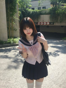 Original [Hour Summer] Japanese Style JK Waist-Tight Sailor Suit Preppy Style Uniform Suit Womens Summer Short Sleeve Pink