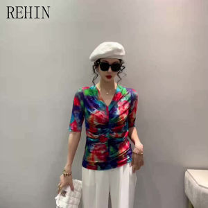 Rehin thời trang mới mùa hè In V Cổ lưới xếp li Hot Khoan Ngắn Tay T-Shirt áo có hoa văn Áo Cho Phụ Nữ