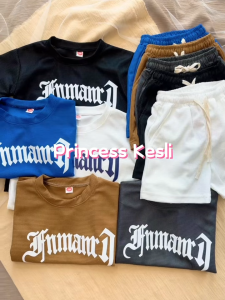 PRINCESS KESLI 2ชิ้น ชุดเซ็ทเด็กชายแฟชั่น ชุดเสื้อยืดกางเกงขาสั้น ลําลอง พิมพ์ลายตัวอักษร ทรงหลวม สไตล์เกาหลี 2-14 ปี