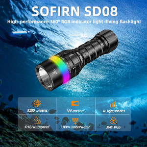 Sofirn SD08 Scuba Diving 21700 Flashlight 3200 Lumen with USB-C rechargeable battery & RGB Positioning Light IP68 Underwater 100M