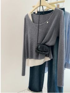 Womens Soft Knitted Shoulder Bared Inner Wear Loose Fit Color Block Design Long Sleeve Crew Neck Top New Autumn Arrival
