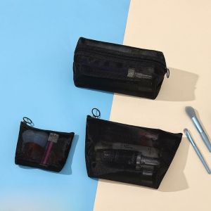 Multi-Functional Nylon Mesh Cosmetic Bag Transparent Wash Bag Hollow out Design Storage Organizer Set of Three Cubic Shapes