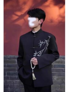New Chinese Style Mens Embroidered Bamboo Shoulder Pad Suit Jacket Reformed Zhongshan Suit Republic of China Tang Suit Adult Evening Dress