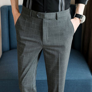 Trendy Plaid Slim Fit Mens Business Casual Pants Autumn Fashion Nine Points British Style Small Foot West Pants High End Formal