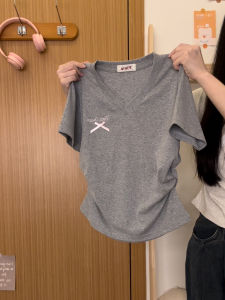 เสื้อยืดคอกว้างแขนสั้นผูกโบว์ลายผีเสื้อสไตล์เกาหลีสำหรับผู้หญิง ทรงเข้ารูป ผ้าฝ้ายผสมไนลอน ฤดูร้อน 2024