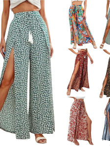 Vacation Lace-Up Waist High Slit Wide Leg Pants Street Style Simple Design Natural Waist Elastic Hem Polyester Material