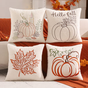 1 PC Halloween Decoration Throw Pillow Cover Pumpkin Embroidery Teddy Plush Autumn Thanksgiving Harvest Home Living Room