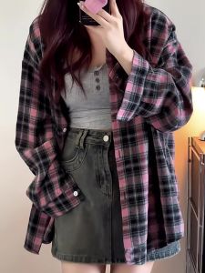 Áo Sơ Mi Nữ Dáng Rộng Dài Tay Kẻ Caro Cổ Polo Mùa Xuân Thu Phong Cách Mới Đa Năng Thoải Mái Chất Liệu Khác 100%