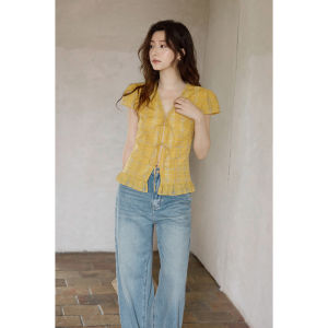seemon | Summer Elegant Korean Style Waist-Cinching V-Neck Wooden Earrings Plaid Blouse