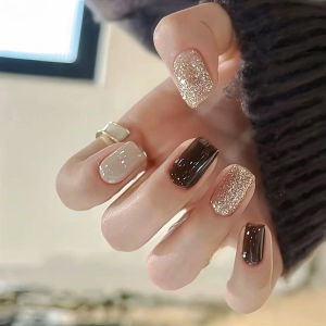 24pcs/set short fake nails for women nude coffee with parkling glitters design Square nail tips full cover press on false nail