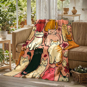 BILIBILI | Cats Woodcut Pink Floral Flannel Blanket Perfect for Sofa Office Bed Travel Sleep Read Relax Camping Four Season Use