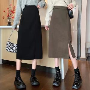 Slimming High Waist A-Line Midi Skirt with Slit Pure Color Black Commute Friendly Korean Style Spring Summer New Arrival