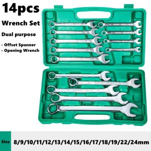 NiuXiang | 14PCS Combination Chrome Vanadium Steel Wrench Set Dual-Purpose Offset Spanner & Opening Wrench Set Compact Storage Box