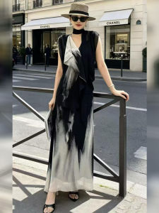 DANTING | Ink Wash Print Sleeveless Draped Dress Light Mature Style Fashion Gradient Long Dress
