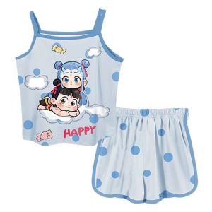 Bộ Đồ Ngủ Lụa Băng Mùa Hè Mỏng Cho Bé Gái Bộ Đồ Ngủ Liền Thân Có Dây Đeo Cổ Áo Vest Quần Short Bộ Đồ Ngủ Trẻ Em Thoải Mái Thoáng Khí