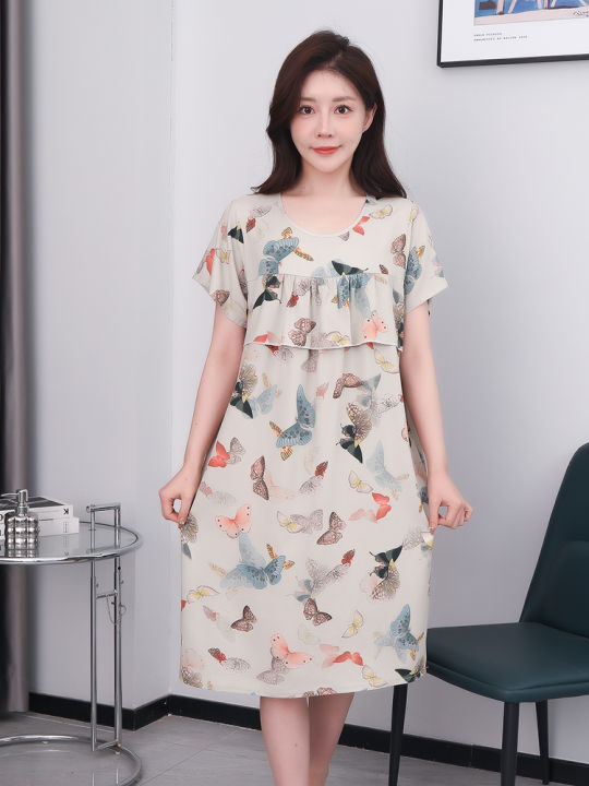 Cotton%20Silk%20Sleepwear%20Women%20Summer%20Mid-aged%20Short%20Sleeve%20Nightgown%20Artificial%20Cotton%20Dress%20Midi%20Length%20plus%20Size%20Home%20Clothes%20Mom%20Style%20-%20Image%205