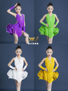 Childrens Latin Dance Performance Suit Rhinestone Embellished Tassel Skirt Jumpsuit Professional Competition Costume