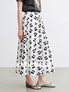 Basic House | White Base Black Flower High Waisted Mid Length Flowy A-Line Skirt