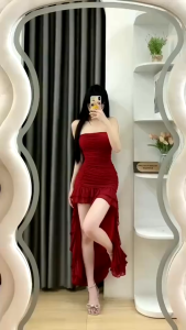 CR_ Đầm nữ quyến rũ đầm dự tiệc váy thiết kế form ống cup ngực chất Lưới nhún bèo đuôi tôm 2 màu đỏ đen