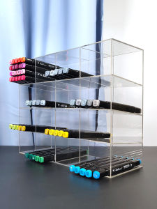 Acrylic Transparent Marker Pen Holder Slanted Insert Display Stand Stationery Store Organizer Grid Rack Water-Based Pen Storage