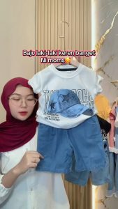 Setelan Baju Anak Laki -laki Dan Perempuan Usia 1-5 Tahun Motif Topi Pakaian Anak Kaos Anak Celana Jeans Denim Fashion Kekinian