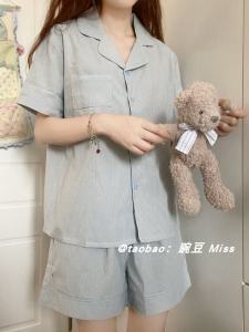 Womens Summer Thin Short Sleeve Pajamas Set Home Clothes Shorts Casual Striped Sleepwear Can Be Worn outside Youth Cotton