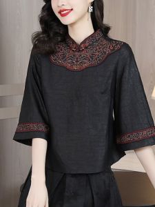 Áo Sơ Mi Sườn Xám Thêu Họa Tiết Hoa Phong Cách Cổ Điển Dành Cho Phụ Nữ Trung Niên Sang Trọng Mùa Hè Áo Sơ Mi Tay Bảy Dài Thường Ngày