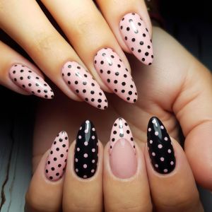 Medium long fake nails for women girls pink white black red blue brown polka dots design almond ballet tips press on false nail