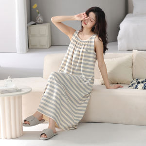 MiiOW | Đồ ngủ vải lụa cotton mùa hè cho nữ Đầm ngủ cổ tròn không tay dài bằng vải lụa cotton thoáng khí Quần áo mặc nhà thường ngày