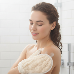 Găng Tay Tẩy Tế Bào Chết 2 Trong 1 Bằng Vải Cotton Lanh Với Kết Cấu Lưới Phụ Kiện Tắm Spa Tại Nhà