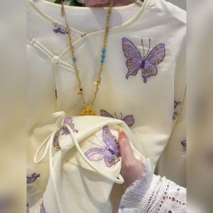YUFUQING | New Chinese Style Heavy Embroidery Butterfly Button Side Slip Shirt Women Summer New Style Improved Cheongsam Top Loose Fit High Waist Daily Wear Polyester Fiber Long Sleeve Round Neck