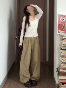 Quần Jeans Ống Rộng Cạp Cao Màu Khaki Cho Nữ Quần Dài Thường Ngày Dài Đến Sàn Ôm Dáng Quần Công Sở Mùa Thu