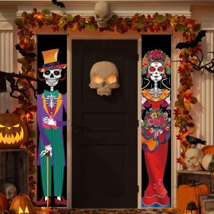 1 Pair Day of The Dead Decoration Halloween Banner Porch Sign DIY Mexican Party Decorations Skull Welcome Hanging Door Banner