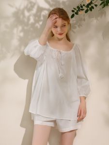 XEXZ | XEXZ Womens Pure Cotton Nightgown Set Comfortable French Short Pants Home Clothes Round Neck Sleeve Length Spring Autumn