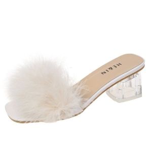 Luxurious Wedding Morning Robe Fur Slippers Womens High Heels Summer Outdoor Bride Maids Shoes Pair Elegant Simple Style