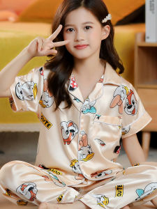 Summer Sleepwear Ice Silk Squirrel Short Sleeve Pants Childrens Home Clothes Boys Winnie the Pooh Cartoon Cute Style Home Clothes