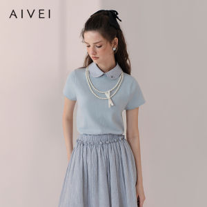 AIVEI | Youthful Preppy Color-blocked Peter Pan Collar Short Sleeve Knit Top