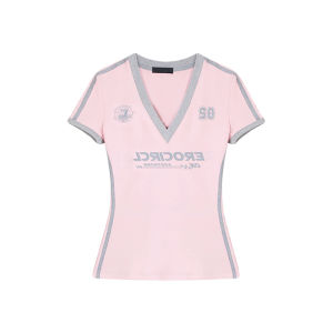 Phong Cách Mỹ Ôm Vừa Vặn Cotton Vải Bông Áo Thun Ngắn Tay Nữ Mùa Hè Dễ Thương Và Mát Mẻ Cổ Chữ V Áo Sơ Mi Cơ Thể Có Khóa Eo Bó Ôm Sát