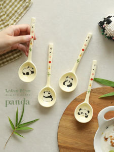 Blue Lotus Panda Little Flower Hand Molded Ceramic Soup Spoon Japanese Style Long Handle Soup Ladle High Aesthetic Value Spoon