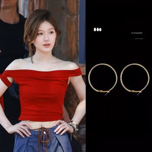 Large Size Pure Silver Hoops Earrings Womens Fashion Elegant Versatile Face Slimming Gold Circle Ear Jewelry Accessories