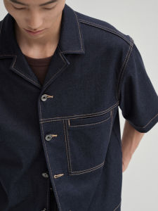NANS Classic Cuban Collar Short Denim Shirt Jacket Contrast Stitch Design Split Pocket Youth Fashion Loose Fit Summer Outerwear