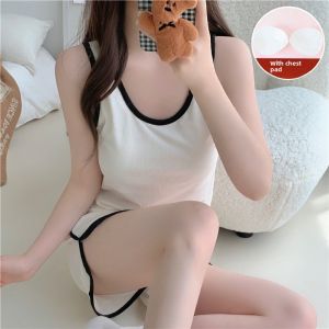 Summer Sleepwear Set Womens Sleeveless Ice Silk Thread Thin Cotton Home Clothes Pure Color round Neck Pullover Short Pants