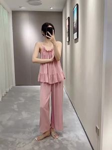 Solid Colors Cotton Silk Pajamas Womens Spring and Summer Simple Camisole Long Pants Sleepwear Two Piece Set Loose Home Wear Clothing